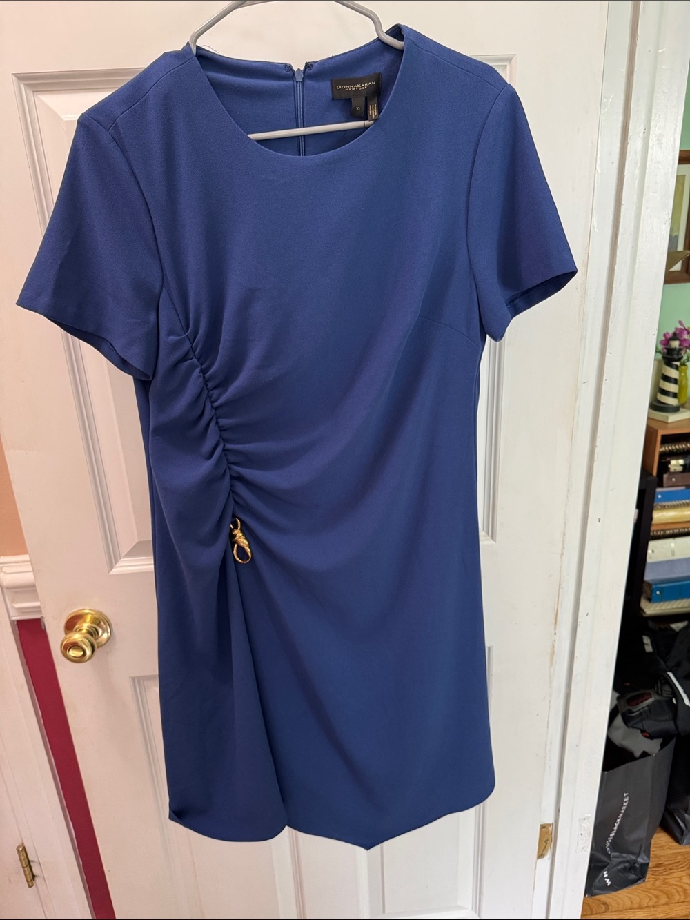 Donna Karan Royal Blue Short Sleeve Ruched Sheath Dress